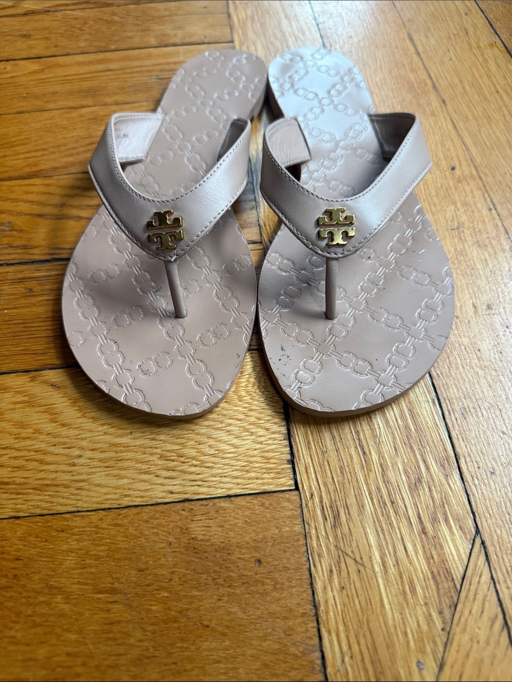 Tory Burch Taupe Beige Logo Thong Sandals with Gold Logo